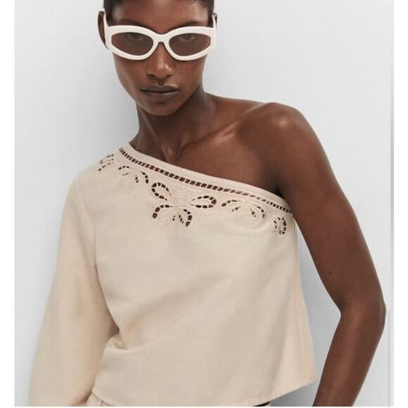 Mango Asymmetrical Embroidered Open Work One Shoulder Top S Ecru - Picture 3 of 11